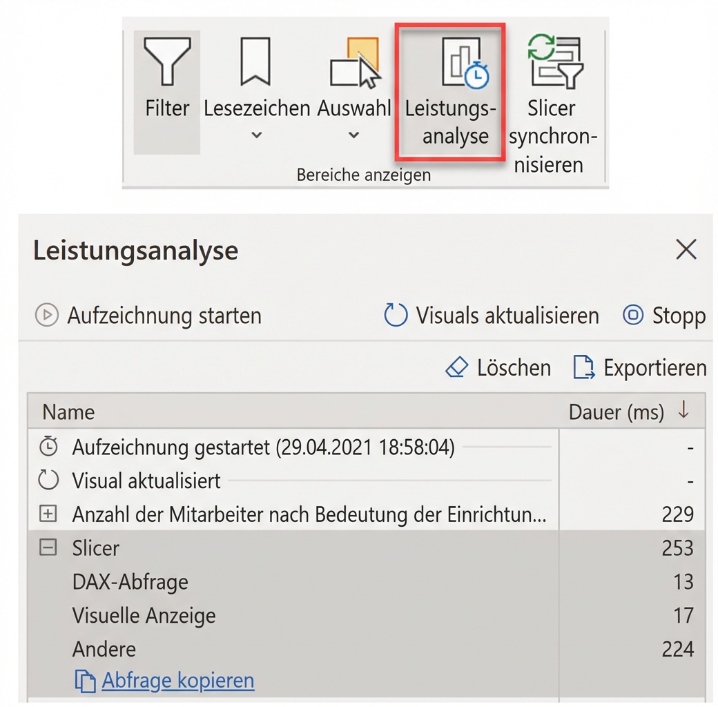 Screenshots vom Performance Analyzer in Power BI