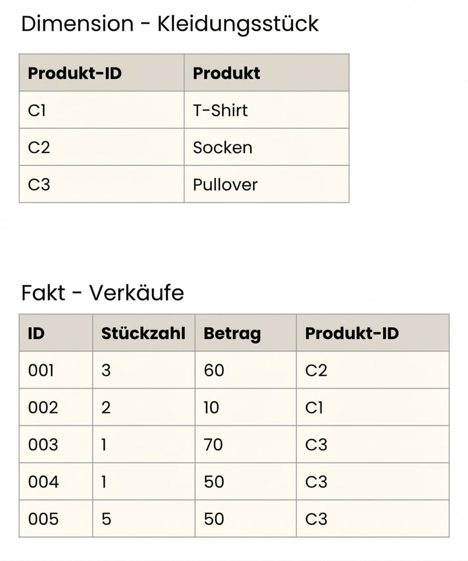 Detailansicht der Faktentabelle und der Dimension Kleidung.