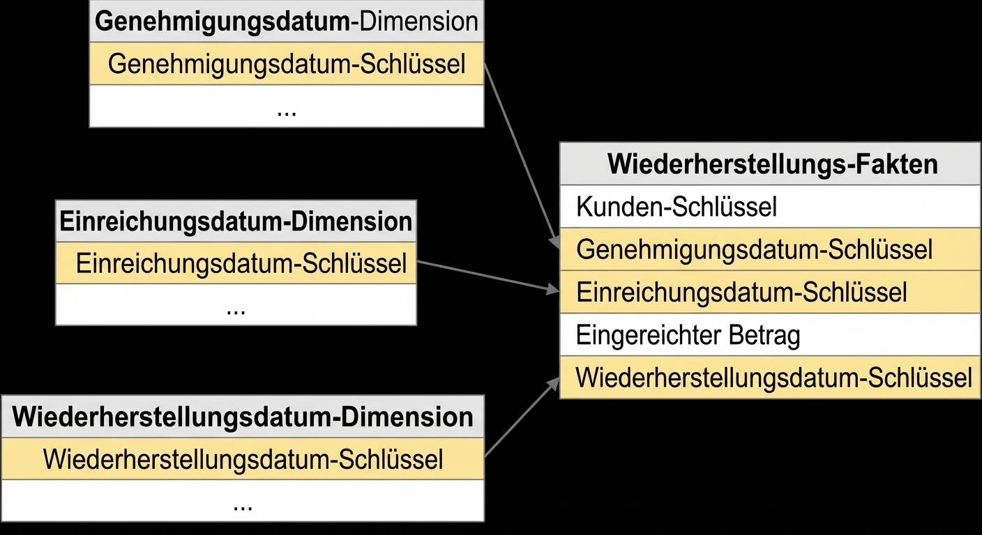 Drei Dimensionstabellen mit ihren jeweiligen Datumsschlüsseln, alle mit einer Faktentabelle verbunden.