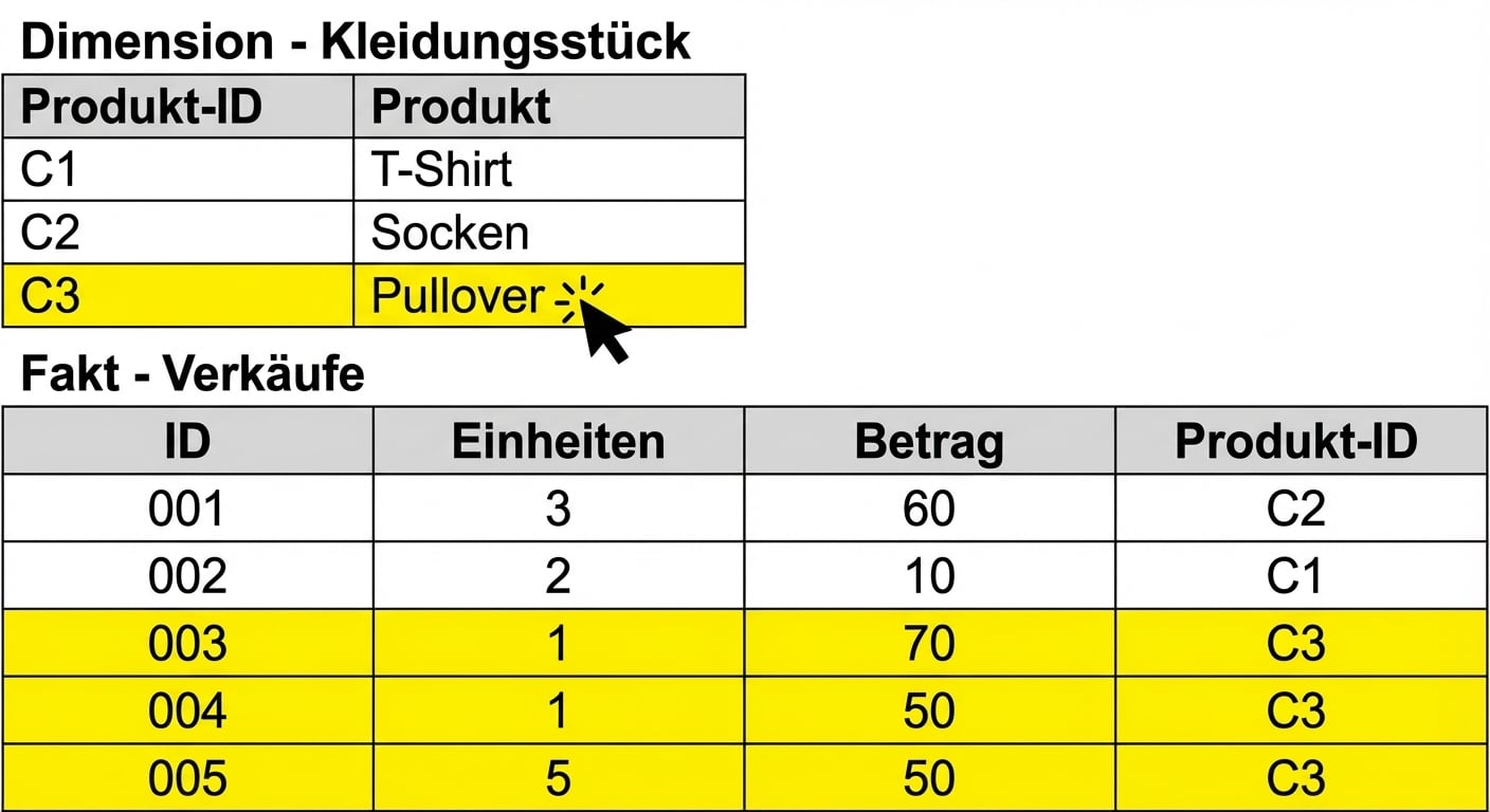 Detailansicht der Faktentabelle und der Dimension Kleidung.