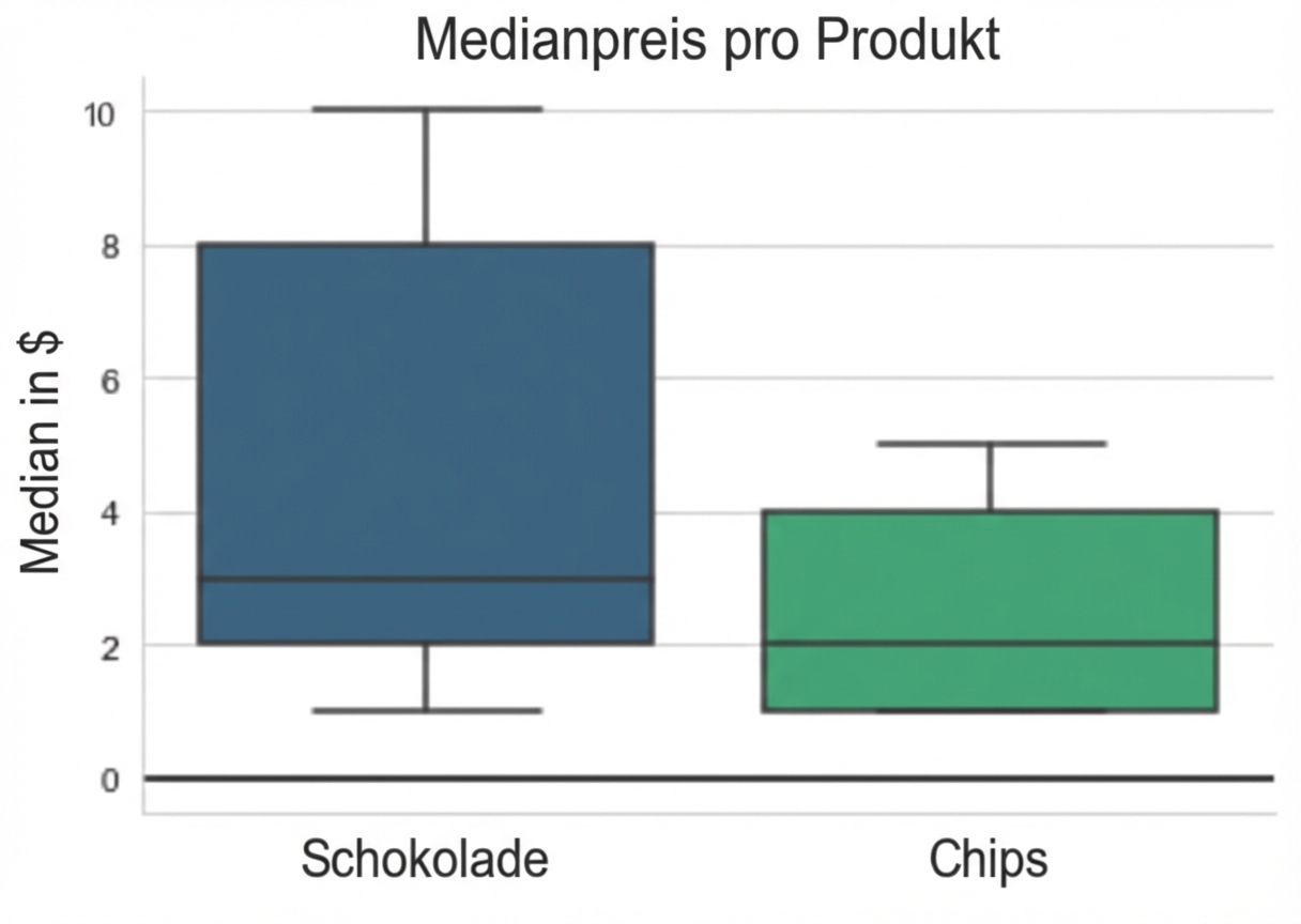 Kastendiagramm mit dem Medianpreis für zwei Produkte