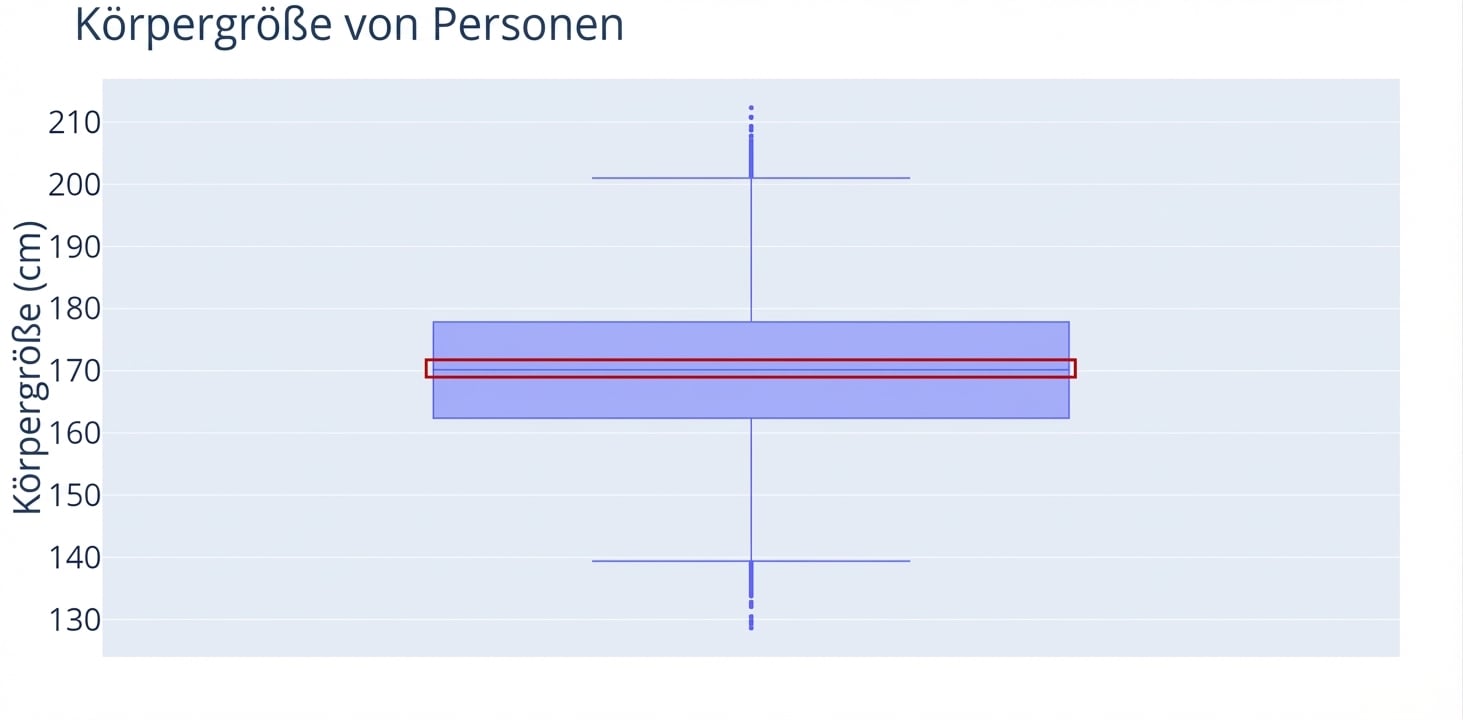 Ein Boxplot zu Körpergrößen. Die Größe in Zentimetern ist auf der y-Achse. Eine rote Markierung umgibt die Linie in der Mitte der Box (den Median).
