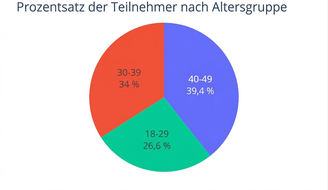 Ein Kreisdiagramm mit dem prozentualen Anteil Teilnehmender in drei Altersgruppen – „18–29“, „30–39“ und „40–49“. Die letzte Gruppe ist am höchsten mit 39,4 %.