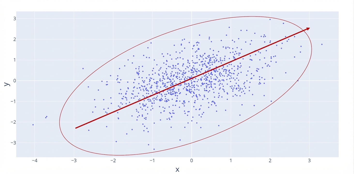 Ein Streudiagramm mit roter Linie, die eine positive, steigende Beziehung zeigt. Ein roter Kreis markiert die Datenpunkte, die stärker streuen und daher eine schwache Beziehung zeigen.