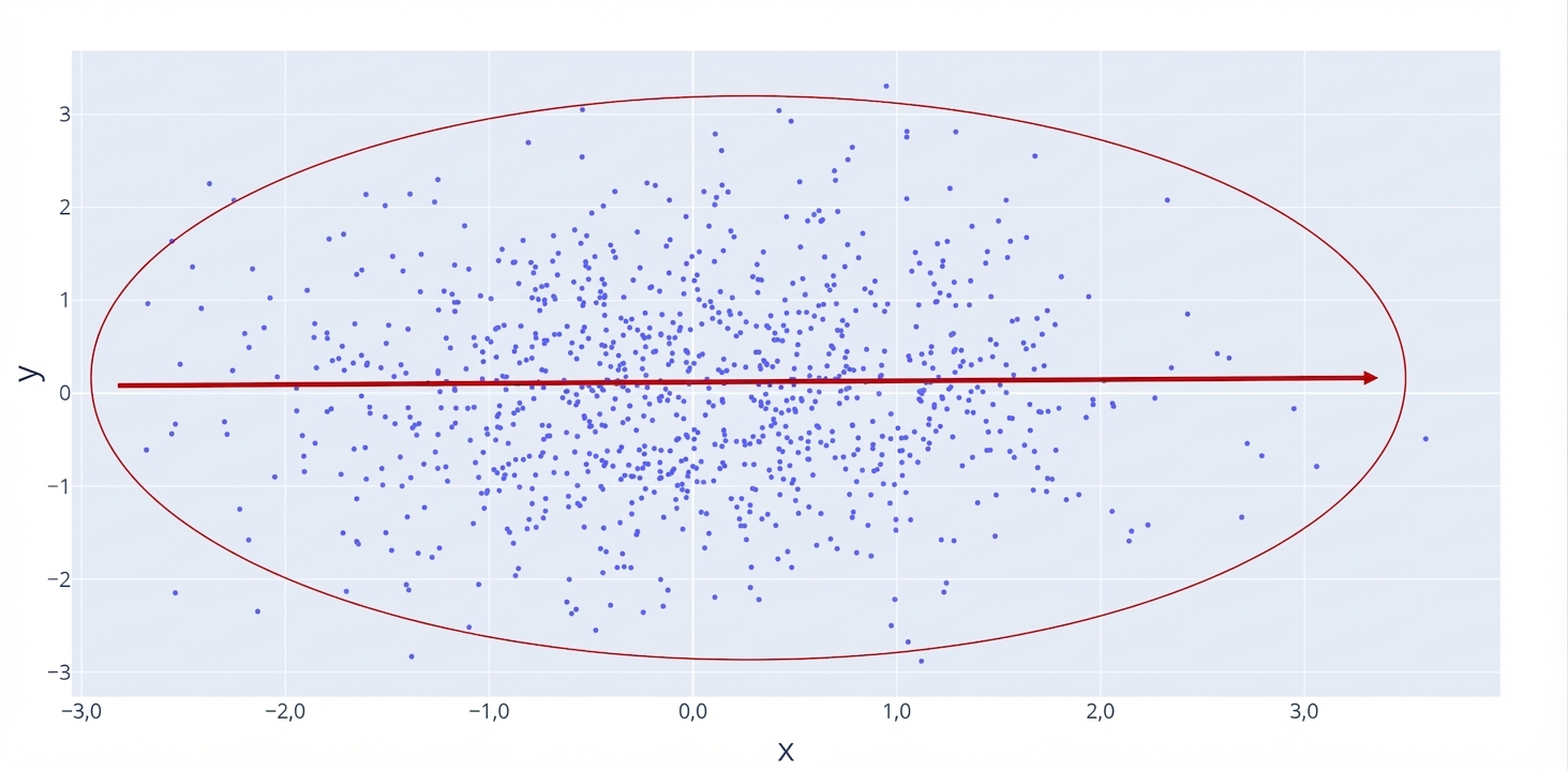 Ein Streudiagramm mit roter, flacher Linie, also ohne Beziehung. Ein roter Kreis markiert die Datenpunkte, die stärker streuen und daher eine schwache Beziehung zeigen.