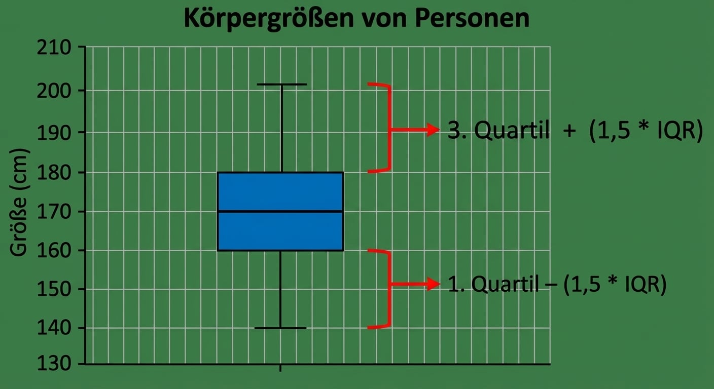 Ein Boxplot zu Körpergrößen. Die Größe in Zentimetern ist auf der y-Achse. Eine rote Markierung umgibt die vertikalen „Whisker“, die oben und unten von der Box ausgehen.