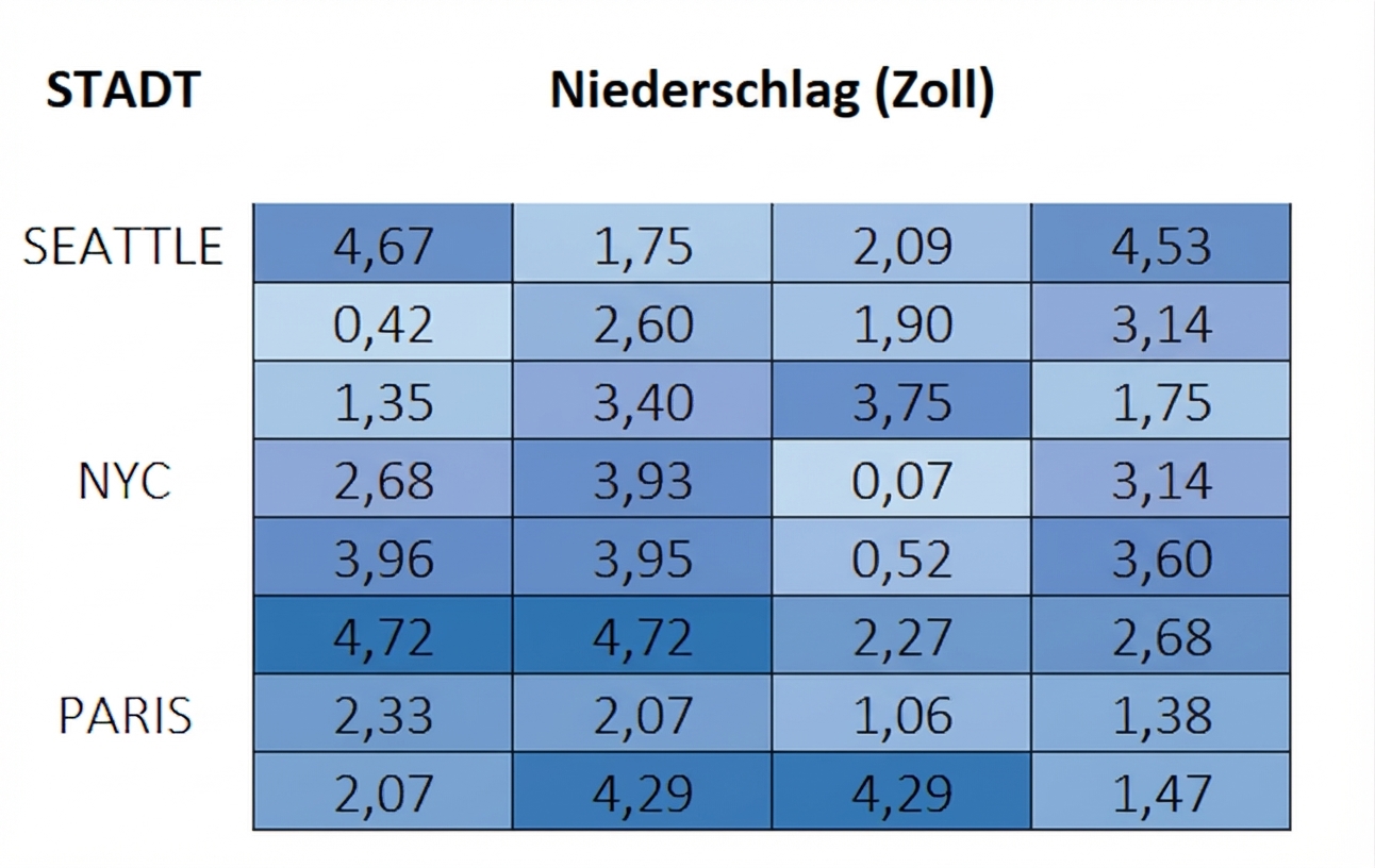 Dieselbe 9×4-Matrix, aber mit entfernter oberster Zeile, um das Entfernen leerer Zellen darzustellen.