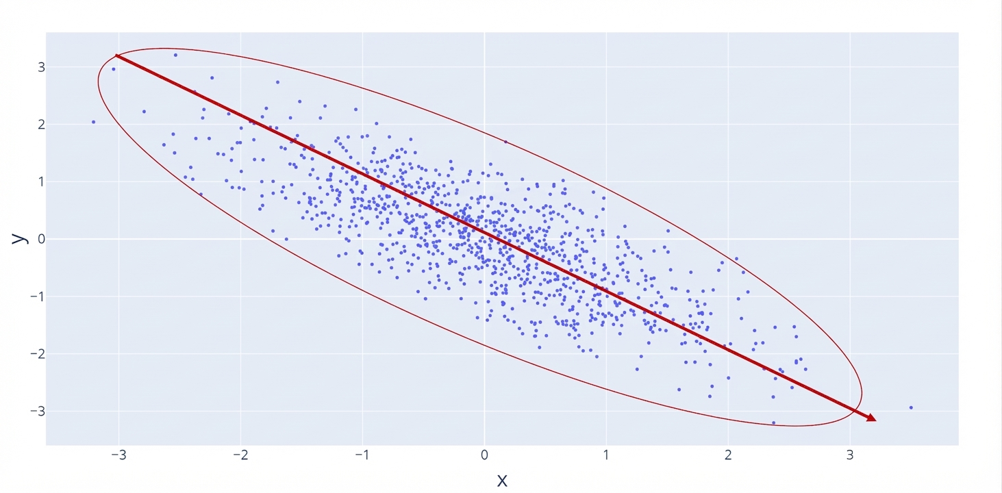 Ein Streudiagramm mit roter Linie, die eine negative, fallende Beziehung zeigt. Ein roter Kreis markiert die Datenpunkte, die eng beieinander liegen.