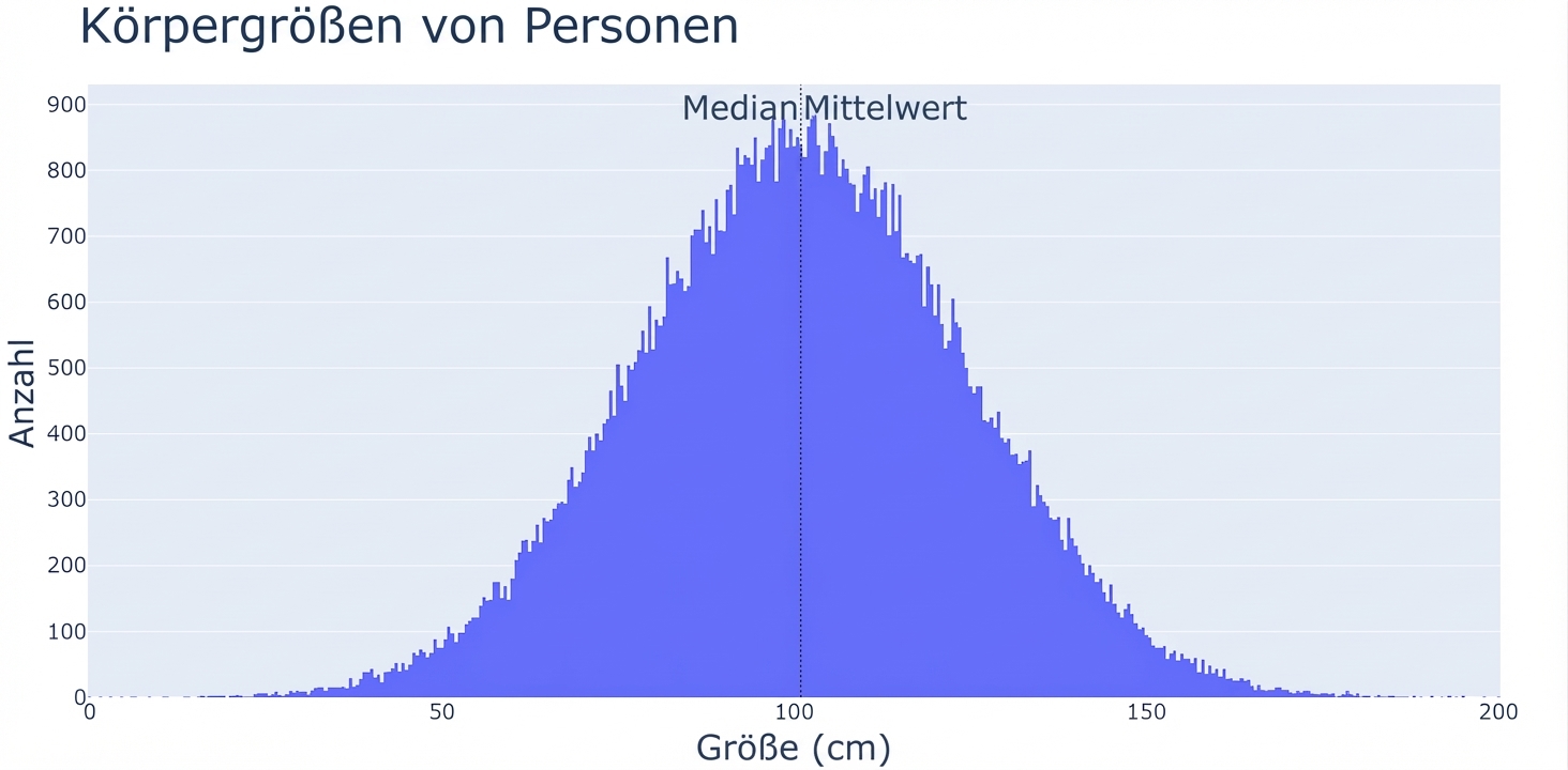 Ein Histogramm von Körpergrößen mit Größen auf der x‑Achse und Anzahl Beobachtungen auf der y‑Achse.
