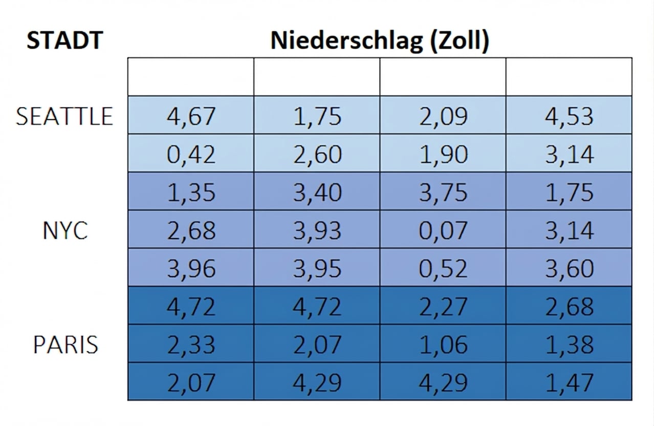Eine 9×4-Matrix mit jeweils drei Zeilen für drei Städte: Seattle, New York City und Paris. In 30 Zellen stehen Niederschlagswerte in Zoll, 4 Zellen sind nur in Seattle zufällig leer.