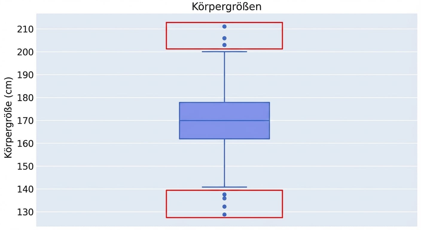 Ein Boxplot zu Körpergrößen. Die Größe in Zentimetern ist auf der y-Achse. Eine rote Markierung umgibt die Ausreißer (Punkte) im Boxplot.