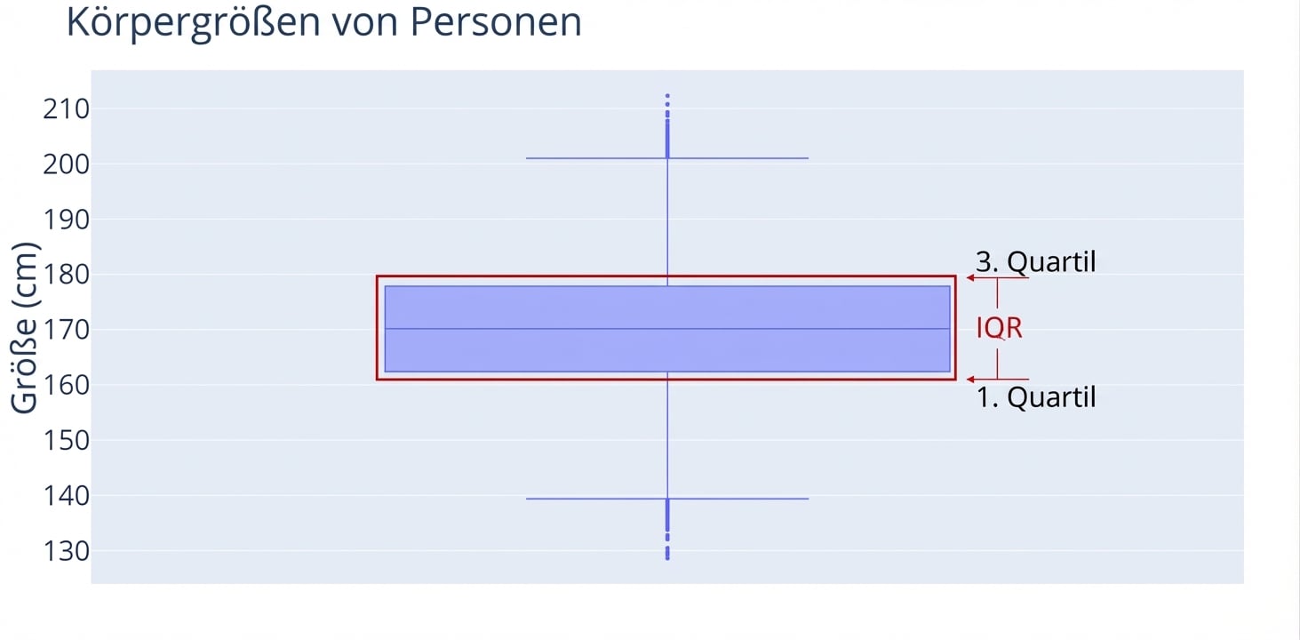 Ein Boxplot zu Körpergrößen. Die Größe in Zentimetern ist auf der y-Achse. Eine rote Markierung umgibt die „Box“ des Boxplots.
