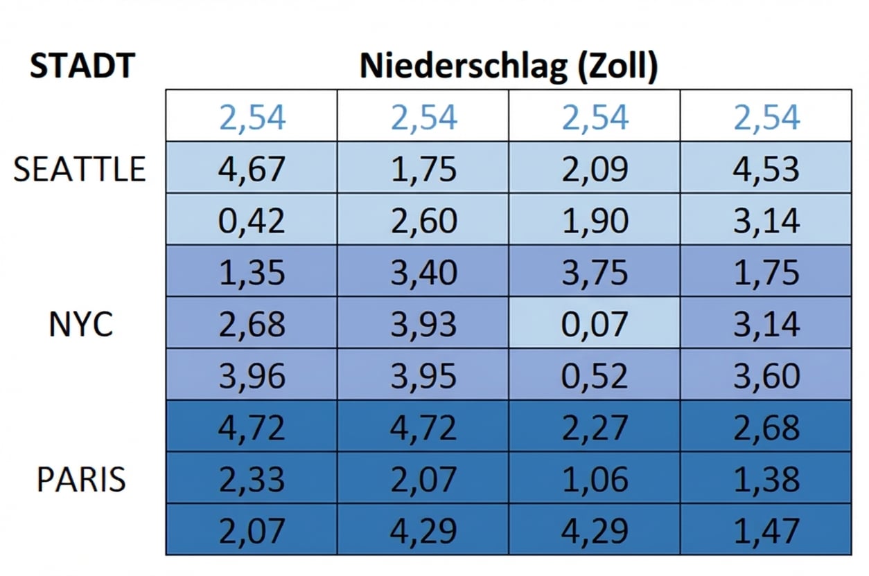 Dieselbe 9×4-Matrix, aber die oberste Zeile hat nun Werte, um das Auffüllen leerer Zellen mit dem Median darzustellen.