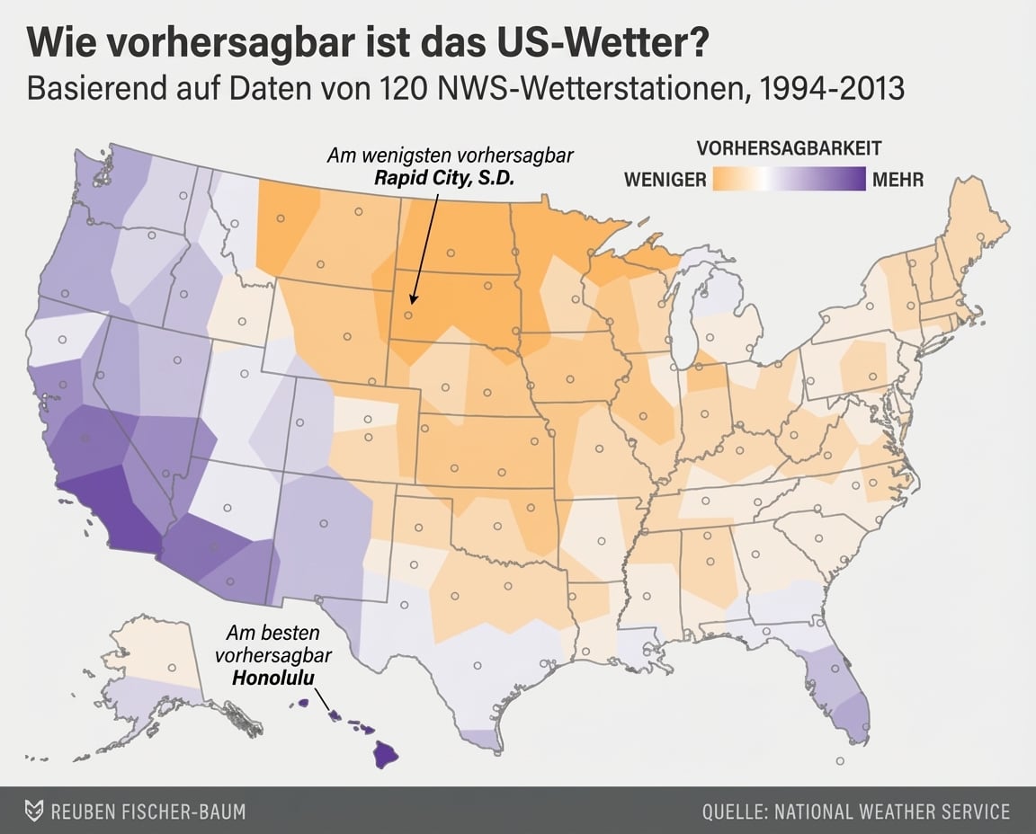 Eine Wetterkarte, Farben zeigen die Vorhersagbarkeit der Regionen.