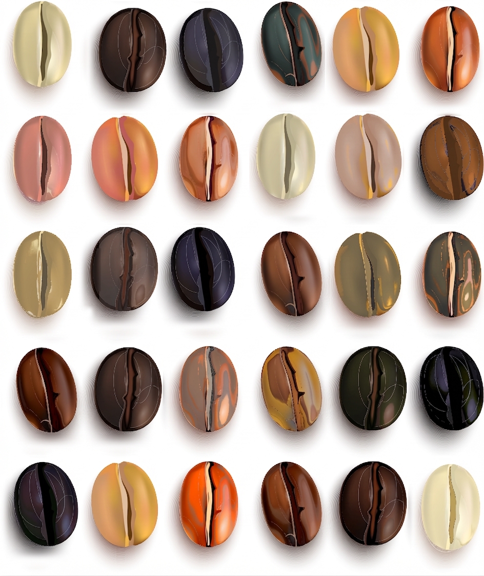 Kaffeebohnen in Reihen und Spalten angeordnet.