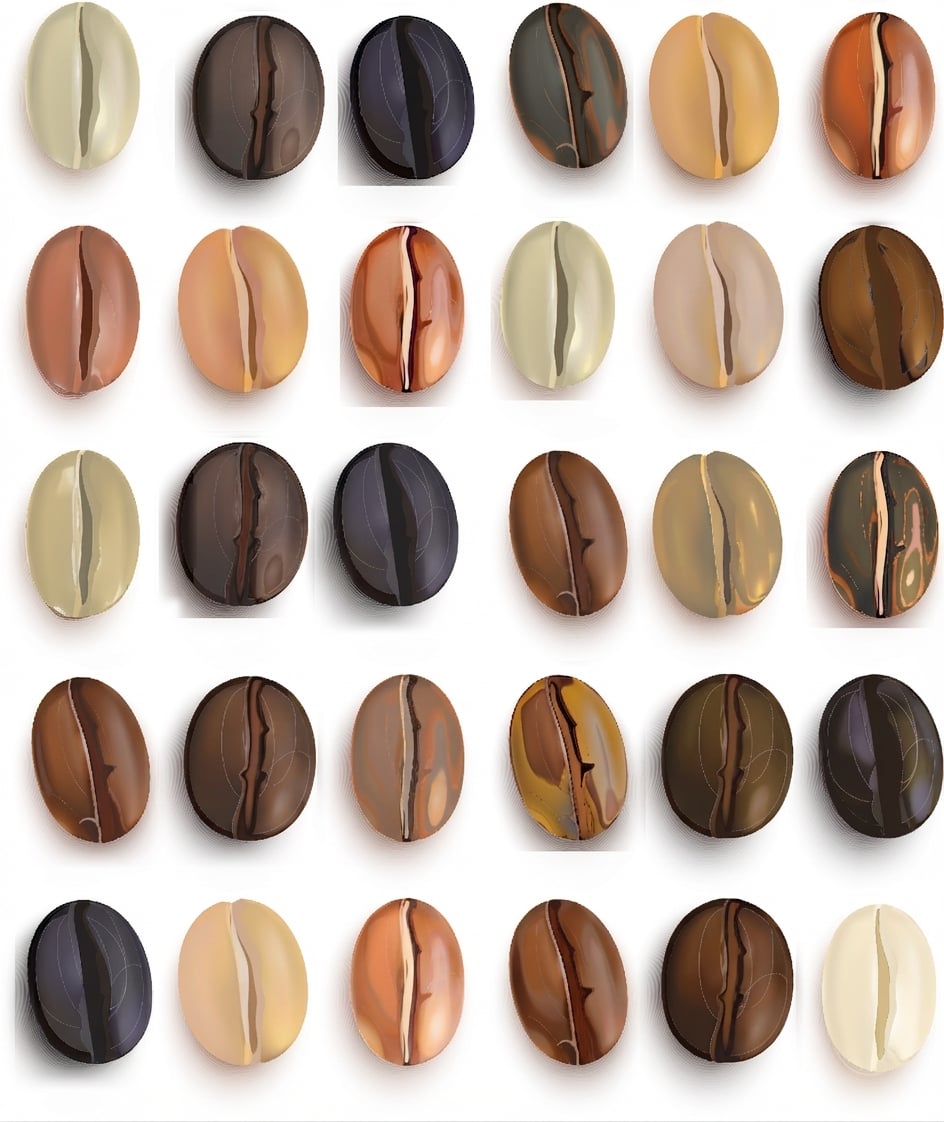 Kaffeebohnen in Reihen und Spalten, einige davon ausgegraut.