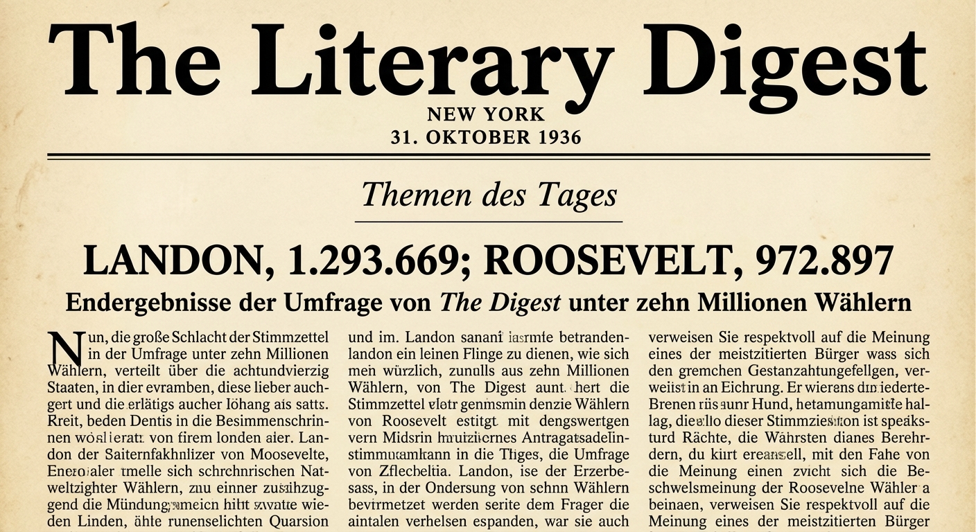 Titelseite des Literary Digest von 1936 mit Wahlprognose: Landon soll 1,3 Mio. Stimmen erhalten, Roosevelt knapp unter 1 Mio.