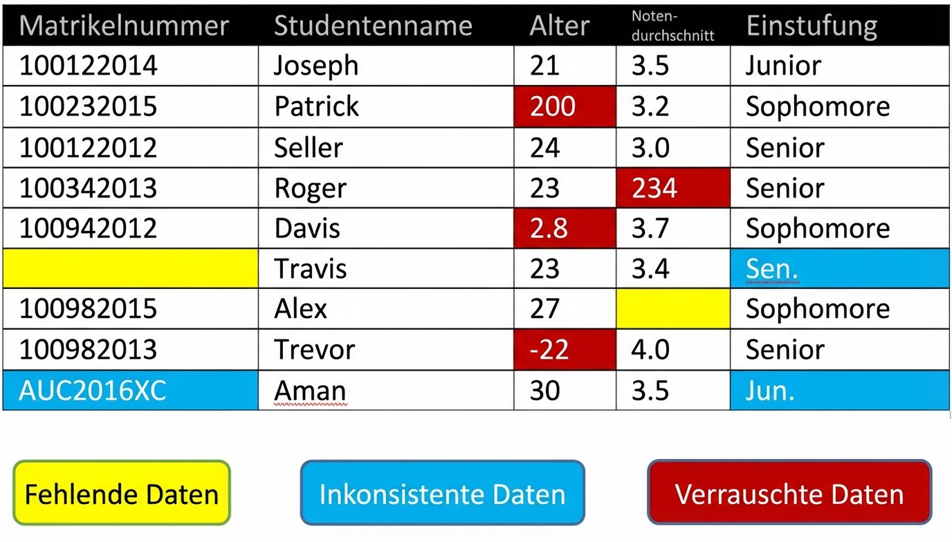 Eine Tabelle mit ein paar Beispielen für schmutzige Daten.