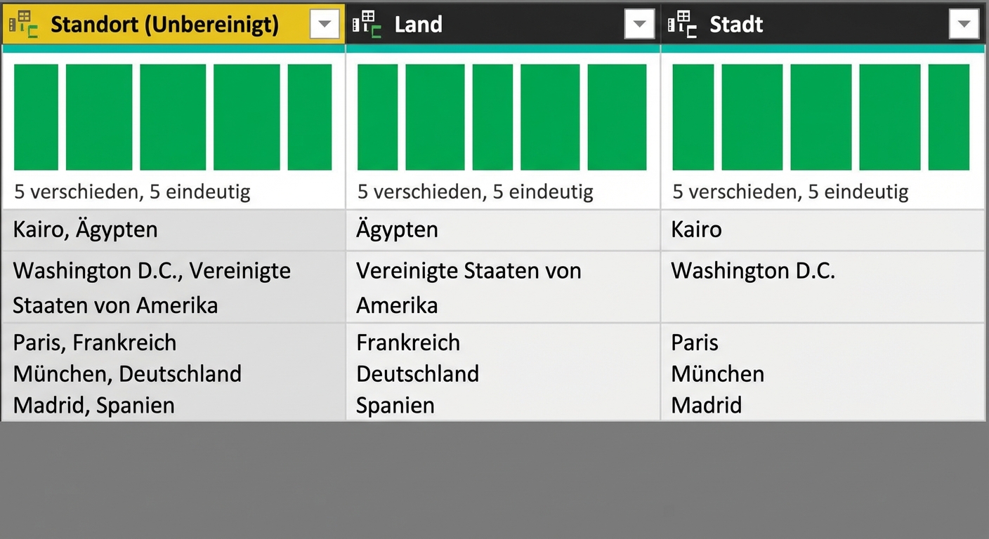 Ein Screenshot aus Power Query, der eine Tabelle mit drei Spalten zeigt: eine mit mehreren Infos und zwei Spalten, die aus dieser einen Spalte abgeleitet sind und jeweils eine Info zeigen.