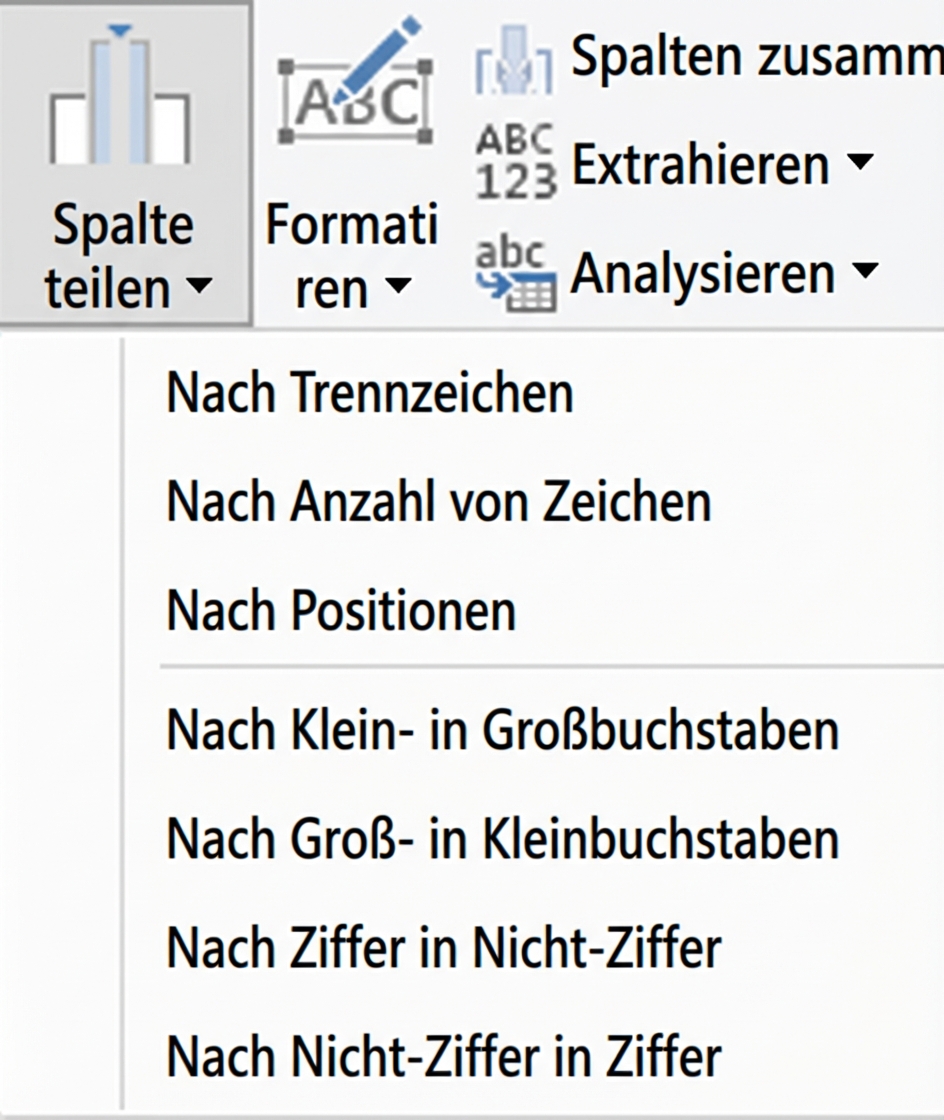 Ein Screenshot von Power Query, der die Transformation „Spalte teilen“ und ihre Optionen zeigt