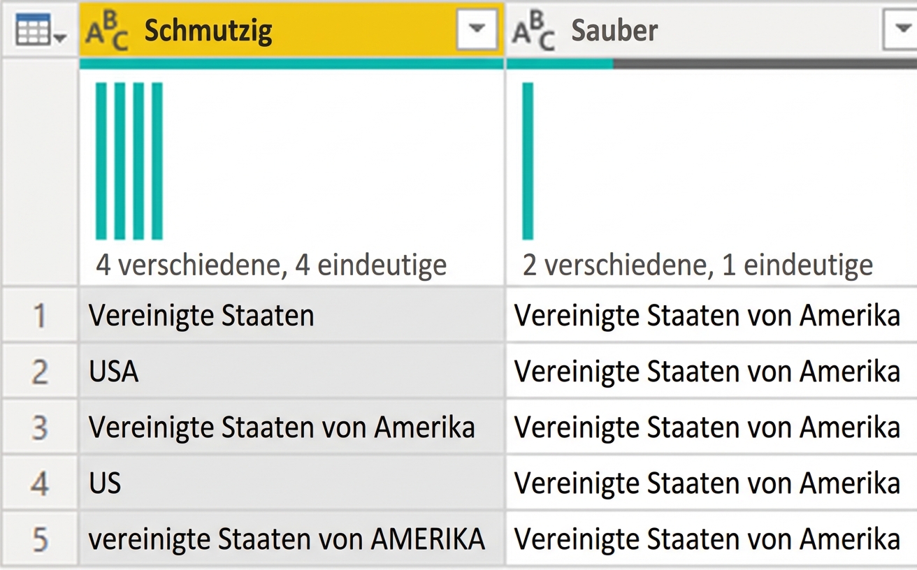 Ein Screenshot von Power Query, der eine Tabelle mit zwei Spalten zeigt, eine mit schmutzigen Daten und eine mit sauberen Daten.