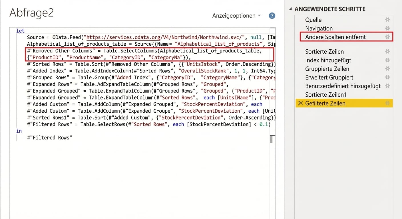 Ein Screenshot des erweiterten Editors neben dem Bereich „Angewendete Schritte“ von Power Query. Die Schritte im Editor sind direkt mit den angewendeten Schritten verknüpft.