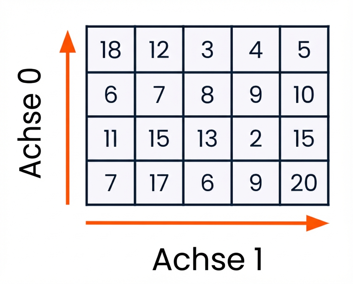 Grafik, die zeigt, dass die Achse Null die Richtung entlang der Zeilen und die Achse Eins die Richtung entlang der Spalten ist