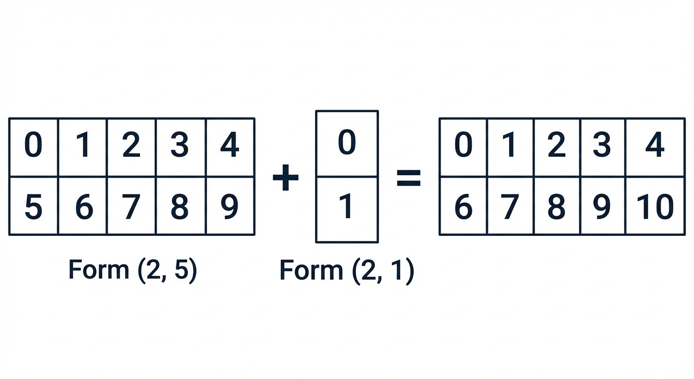 Eine Grafik, die zeigt, wie ein Array der Form (2, 5) und eins der Form (2, 1) zusammengezählt werden.