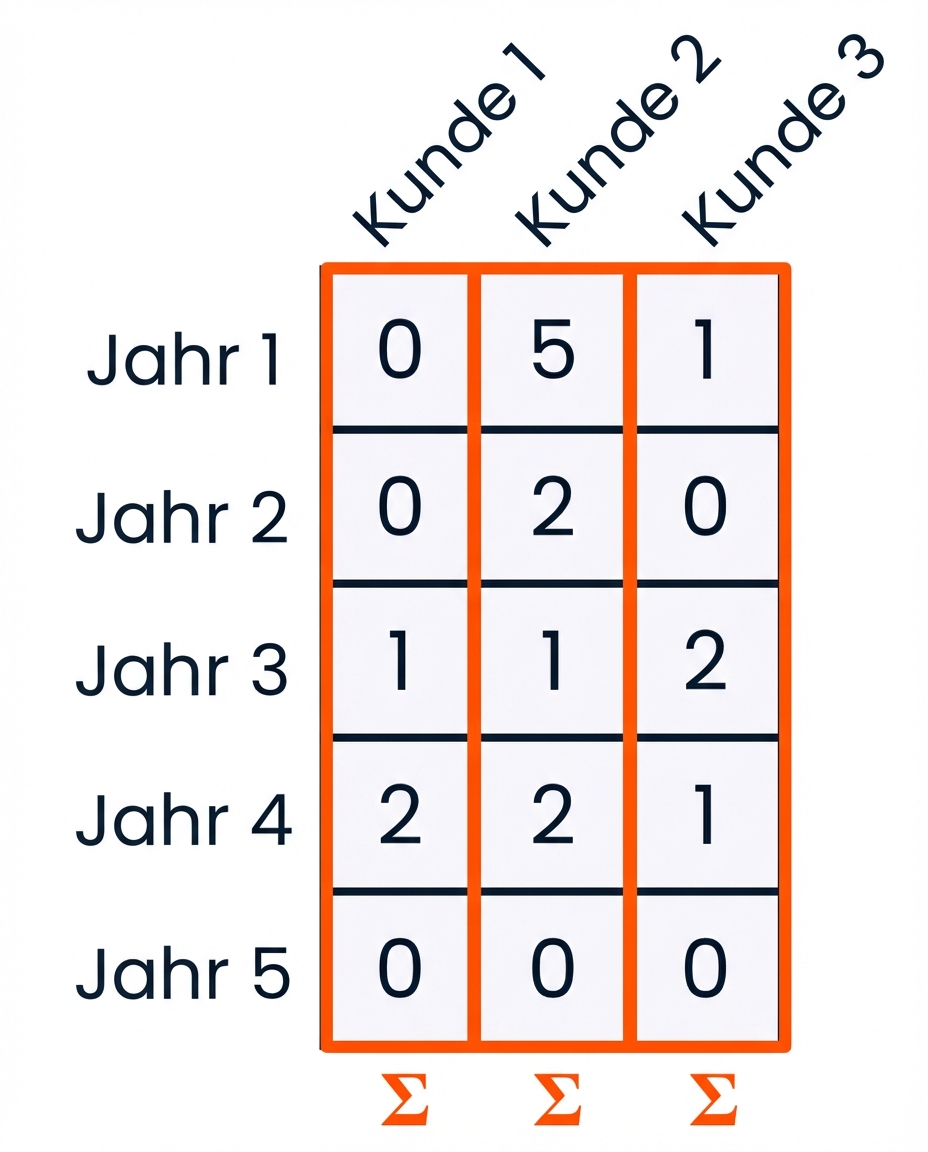 Eine Grafik, in der jede Spalte markiert ist und Summensymbole unten zeigen, dass die Werte in jeder Spalte addiert werden
