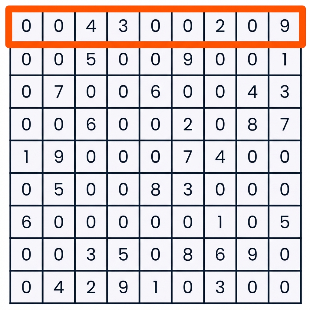 Ein Sudoku-Spiel, bei dem die erste Reihe ausgewählt ist