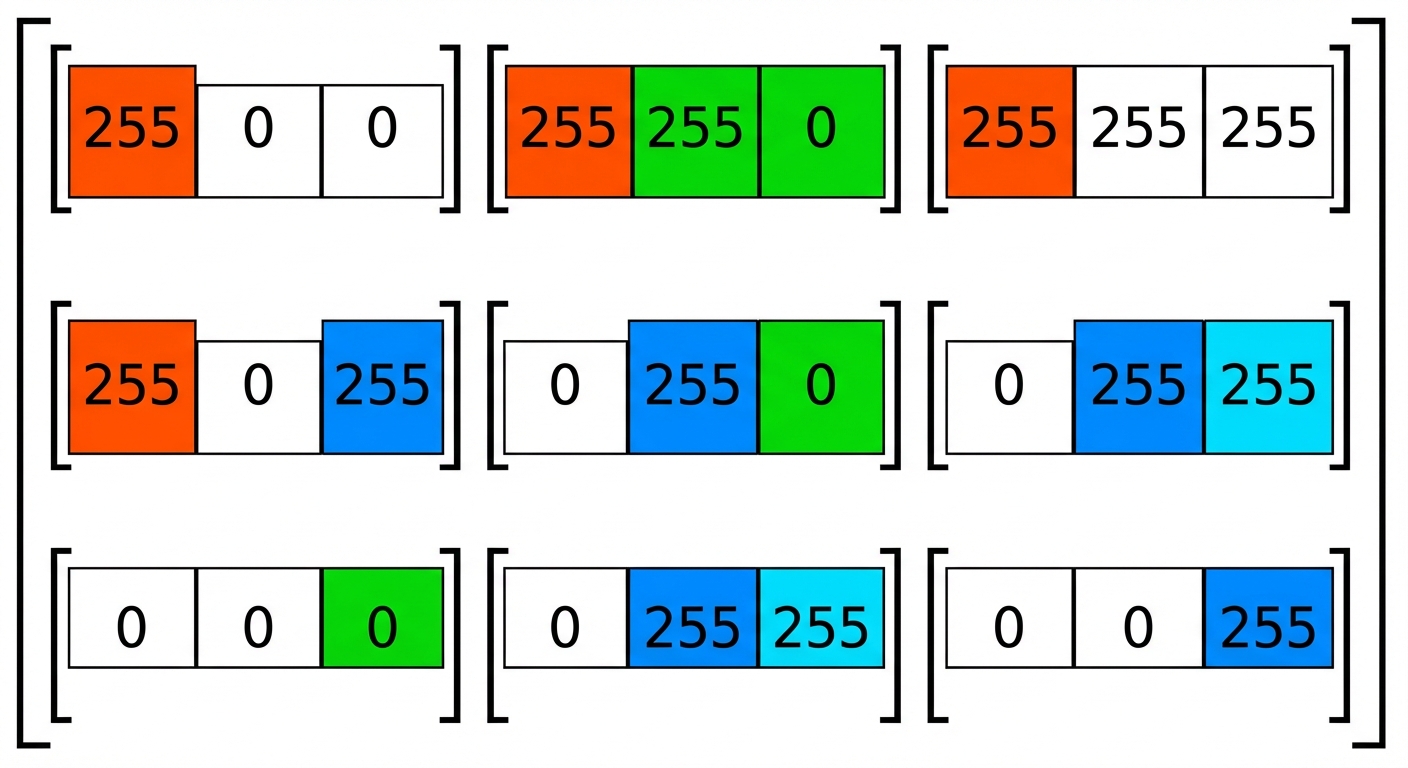 Ein farbcodierter Codeausschnitt, der zeigt, wie gemischte Farben wie Pink und Gelb in RGB-Daten dargestellt werden