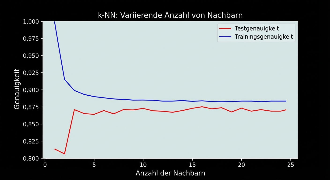 Liniendiagramm für die Genauigkeit in Abhängigkeit von der Anzahl der Nachbarn; die Genauigkeit sowohl der Trainings- als auch der Testdaten sinkt mit ansteigendem k