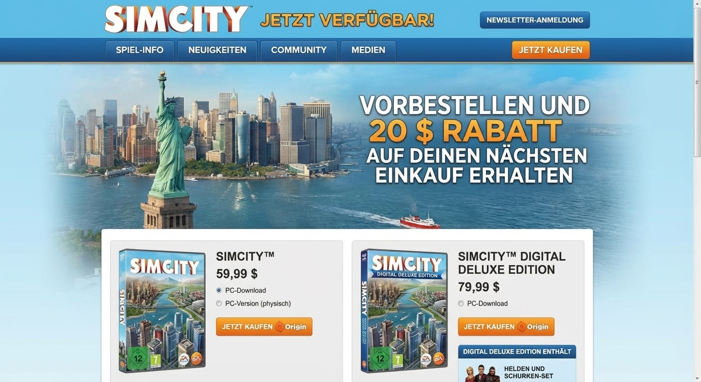 SimCity-Webseite mit Banner „pre-order and get $20 off your next purchase“