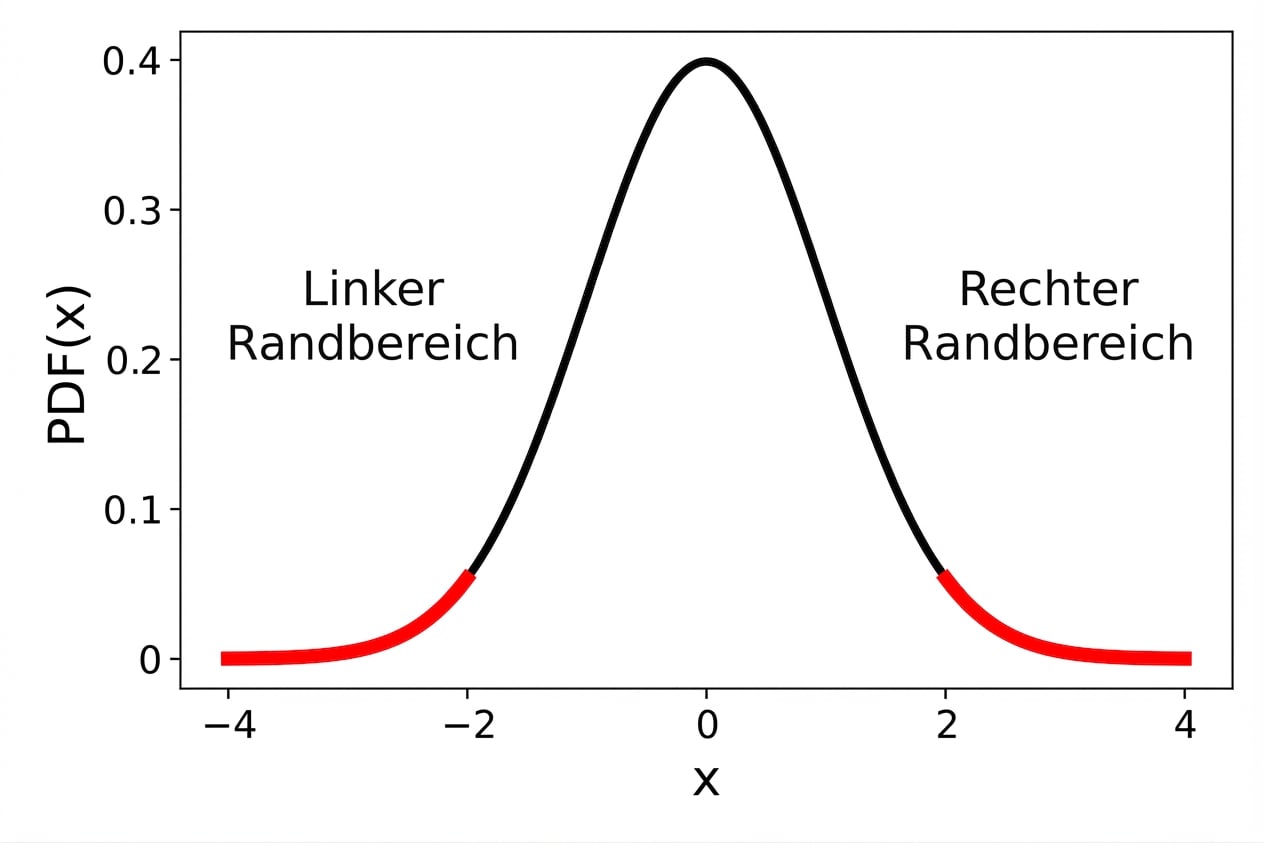 Dichtediagramm der pdf der Standardnormalverteilung mit den linken und rechten Endbereichen in Rot hervorgehoben.
