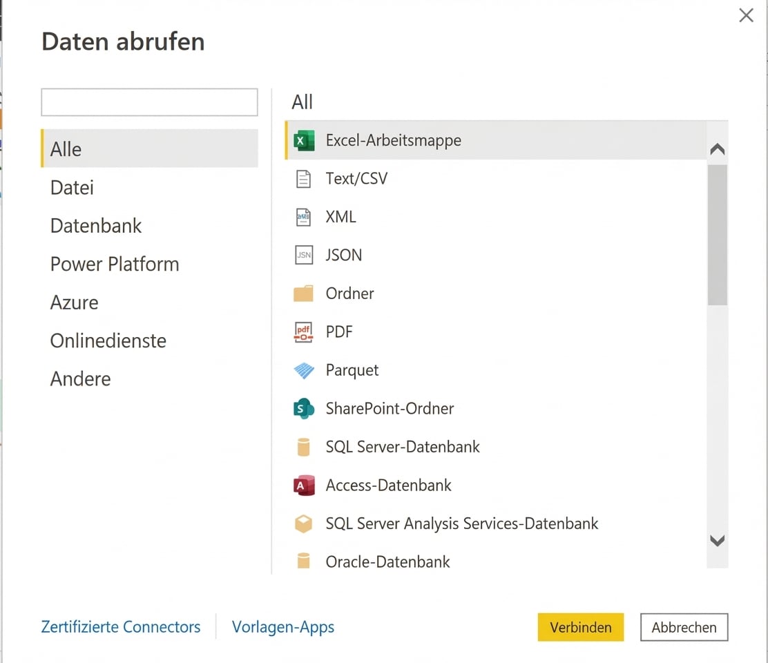 Menü „Daten abrufen“ in Power BI Desktop