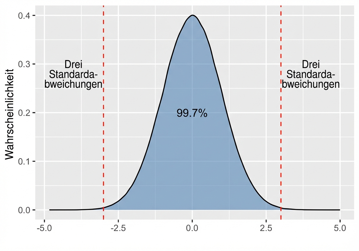 Normalverteilung mit einer Fläche zwischen plus minus drei Standardabweichungen, die als 99,7 Prozent beschriftet ist.png
