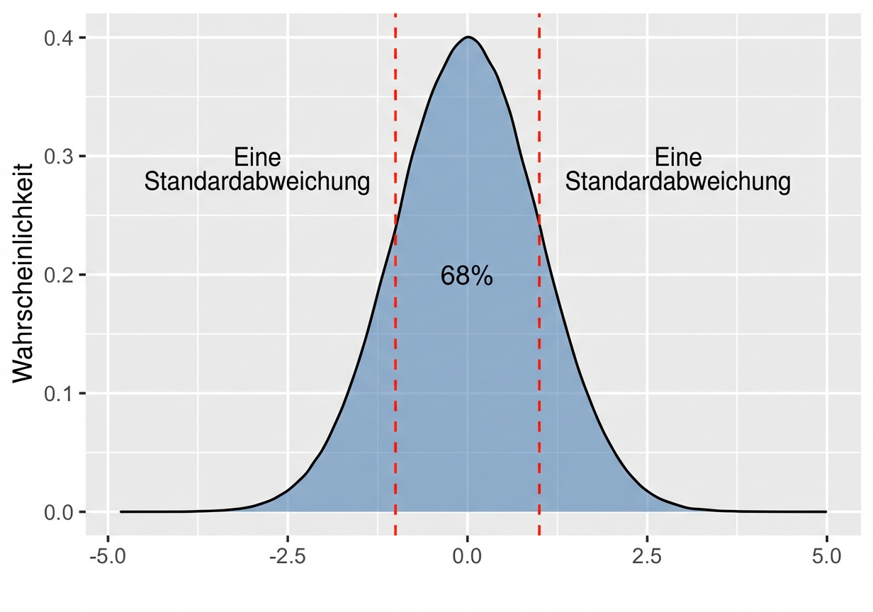 Normalverteilung mit einer Fläche zwischen plus minus einer Standardabweichung, die als 68 Prozent beschriftet ist.png
