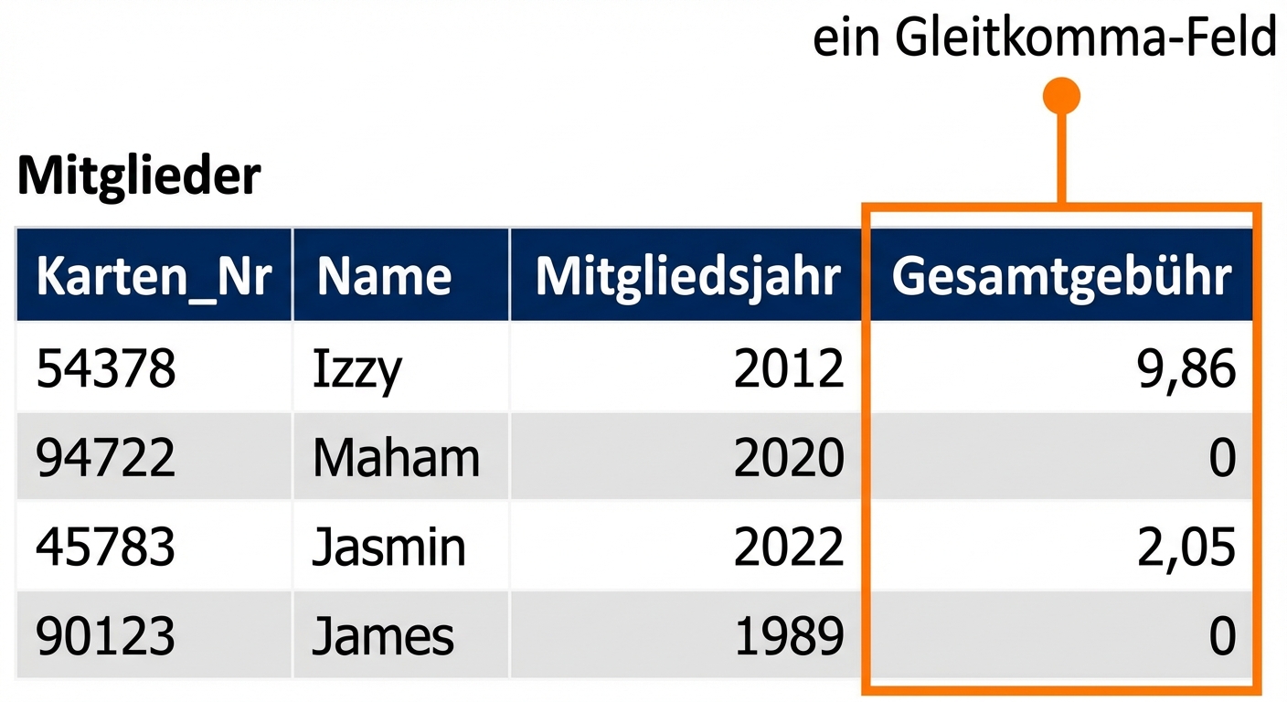 die Tabelle „patrons“ mit dem Feld „total_fine“ als Beispiel für ein Float-Feld hervorgehoben