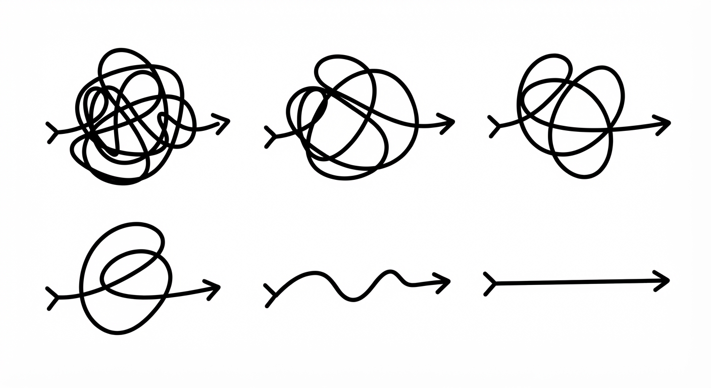 Abfolge von Kritzeleien, die zu einer geraden Linie werden