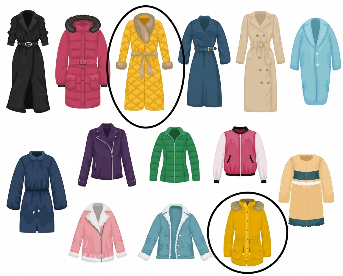 Das Bild zeigt eine Vielzahl von bunten Mänteln mit Kreisen um die beiden gelben Mäntel