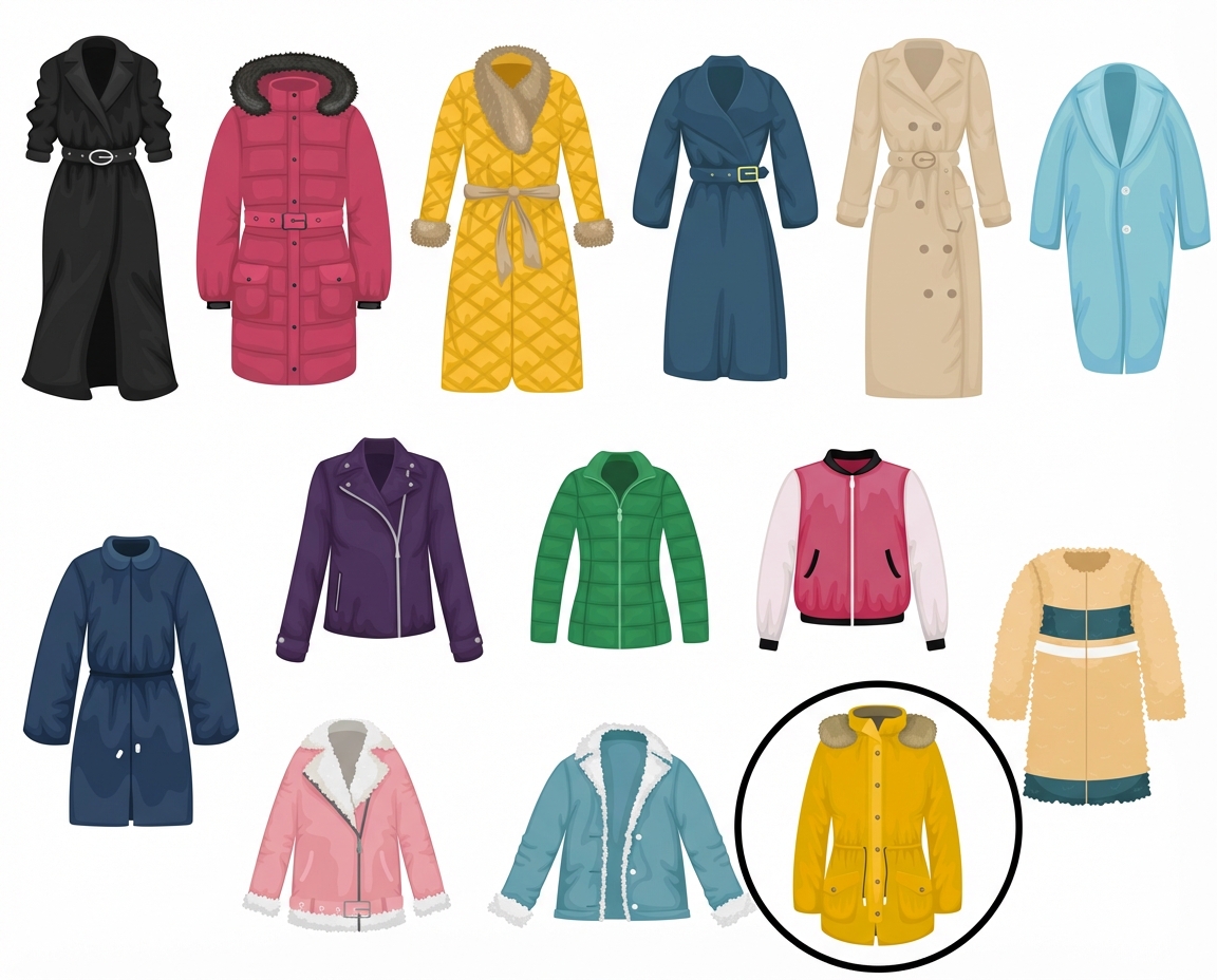 Das Bild zeigt eine Vielzahl von bunten Mänteln mit einem Kreis um einen Mantel, der sowohl gelb als auch kürzer ist