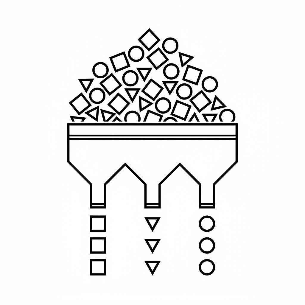 Die Illustration zeigt einen vollen Trichter mit verschiedenen Formen, die in drei Kategorien eingeteilt werden: Quadrate, Kreise und Dreiecke