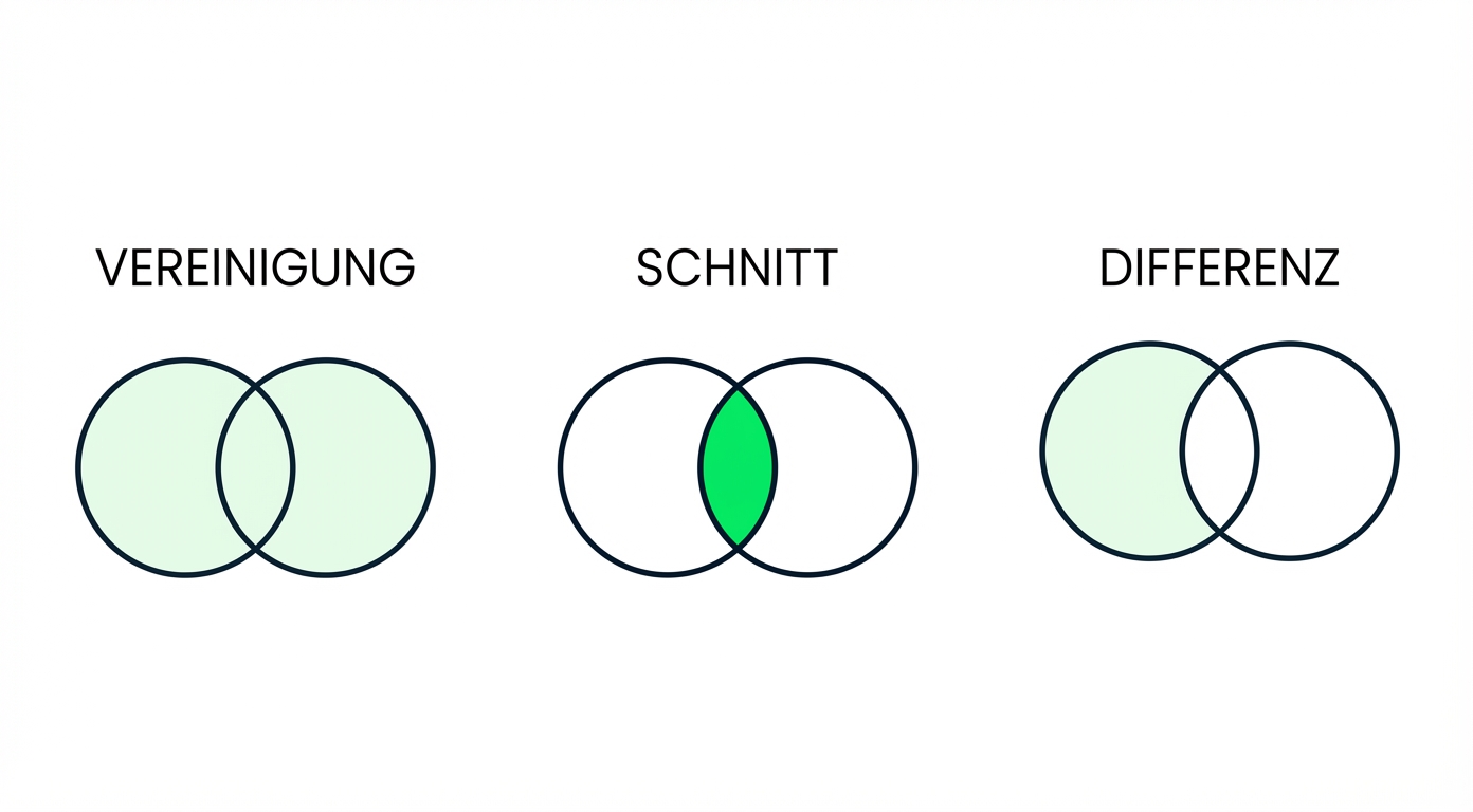 Ein Bild mit drei Venn-Diagrammen, von denen zwei ausgeblendet sind. Nur das Diagramm mit INTERSECT ist im Fokus. Das Diagramm INTERSECT hat zwei sich überlappende Kreise, wobei nur der überlappende Teil grün gefärbt ist.