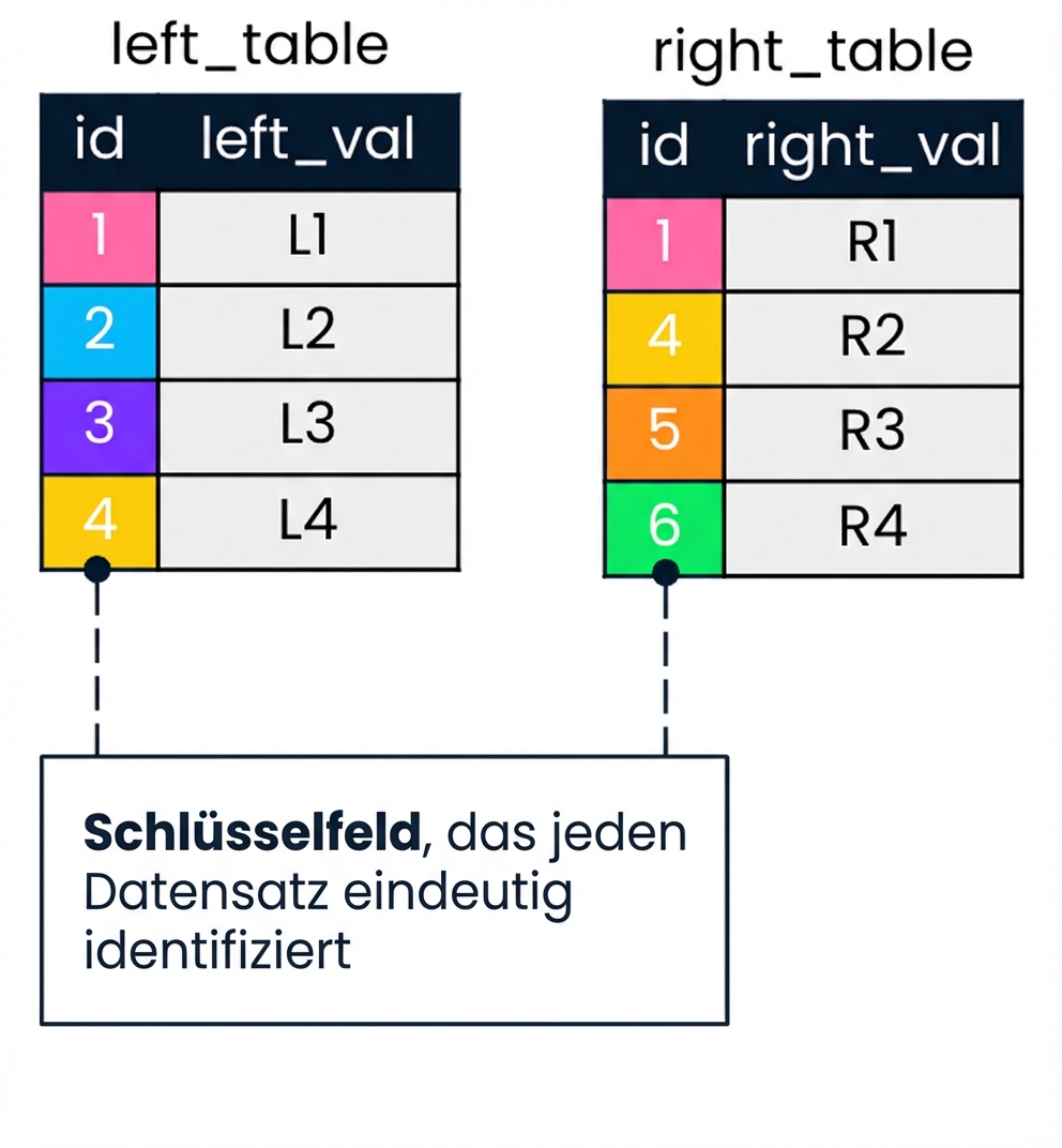 Ein Diagramm mit zwei Tabellen: „left table“ und „right table“. Gleiche ID-Werte in der linken und rechten Tabelle werden in derselben Farbe angezeigt.