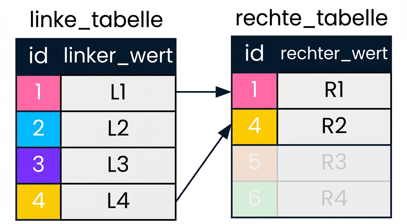Ein Diagramm mit zwei Tabellen, einer linken und einer rechten Tabelle, mit Pfeilen, die auf die Datensätze zeigen, die in der Spalte „id“ in beiden Tabellen übereinstimmen. Datensätze, die für LEFT Joins nicht wichtig sind, wurden ausgegraut.