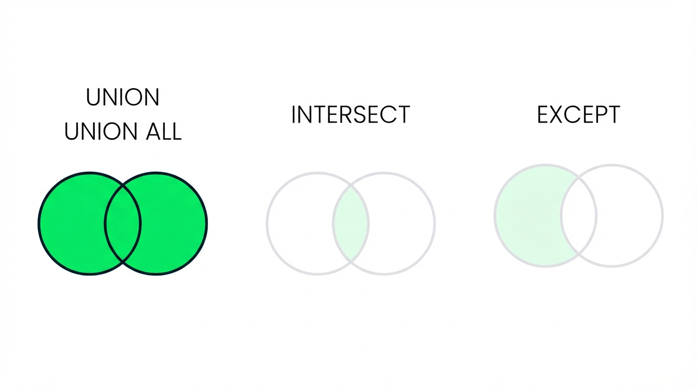 Ein Bild mit drei Venn-Diagrammen, von denen zwei schattiert sind. Nur das Diagramm mit UNION ist im Fokus. Das Diagramm UNION hat zwei sich überlappende Kreise, die komplett grün sind.