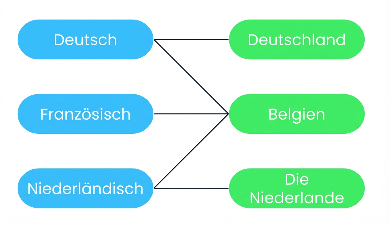 Ein Diagramm, das zeigt, dass viele Sprachen mit vielen Ländern verbunden sein können und viele Länder mit einer Sprache verbunden sein können. Belgien hat drei Amtssprachen: Französisch, Deutsch und Niederländisch. Umgekehrt können Sprachen auch in mehreren Ländern Amtssprache sein: Niederländisch ist offizielle Amtssprache sowohl in den Niederlanden als auch in Belgien, aber nicht in Deutschland.