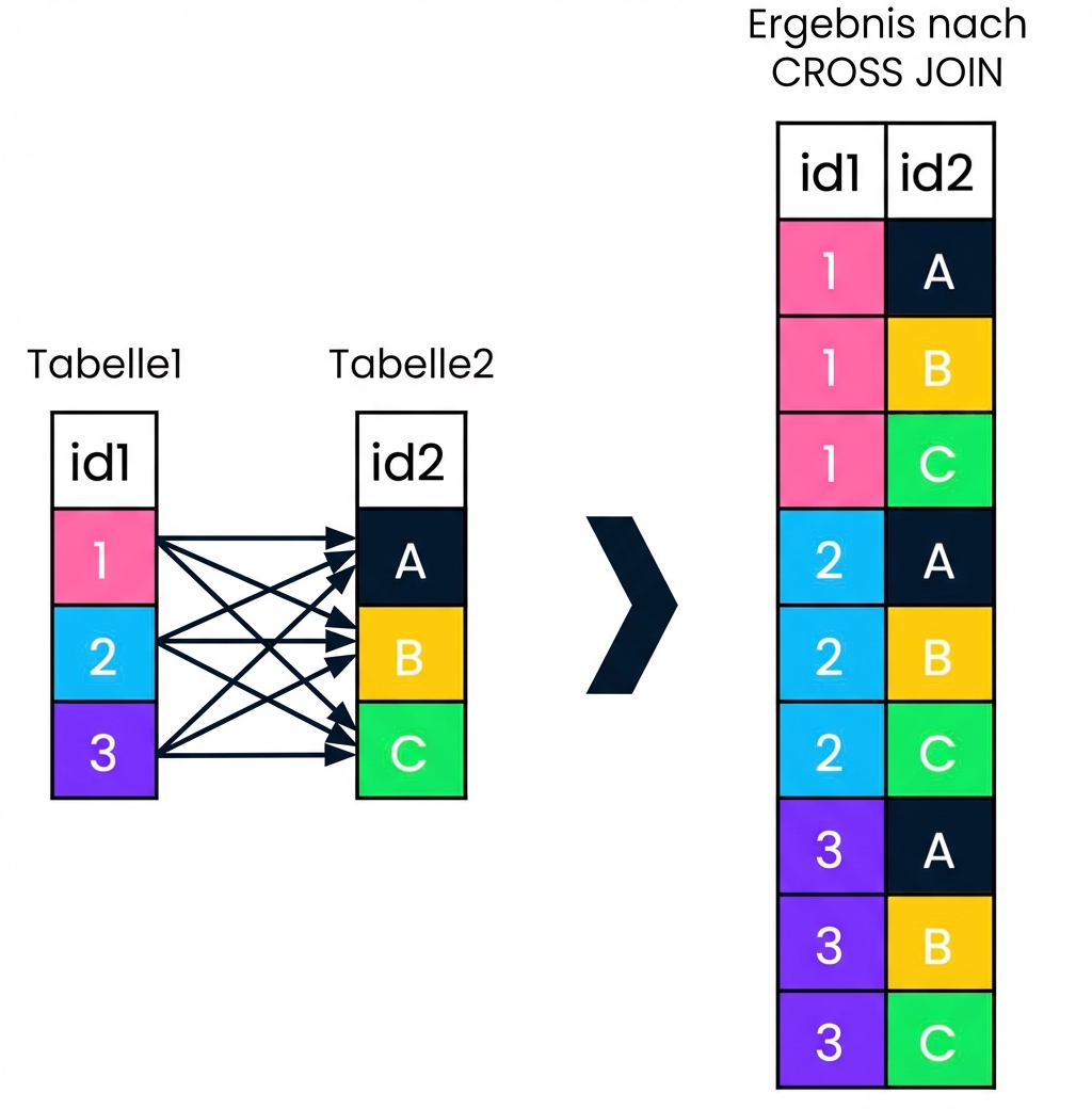 Ein Diagramm mit zwei Tabellen, Tabelle1 und Tabelle2, mit Pfeilen, die auf die Datensätze zeigen, die in der Spalte „id“ beider Tabellen übereinstimmen. Datensätze, die für CROSS Joins nicht interessant sind, sind ausgegraut. Das Ergebnis nach dem Cross Join siehst du auf der rechten Seite des Diagramms.
