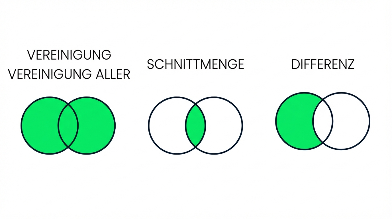 Eine Abbildung mit drei Venn-Diagrammen: UNION, INTERSECT und EXCEPT. Das UNION Diagramm hat zwei sich überlappende Kreise, die komplett grün sind. Die INTERSECT Diagramme haben zwei sich überlappende Kreise, aber nur der überlappende Teil ist grün gefärbt. Das Diagramm EXCEPT zeigt nur den Teil des linken Kreises, der nichts mit dem rechten Kreis zu tun hat, in grün.