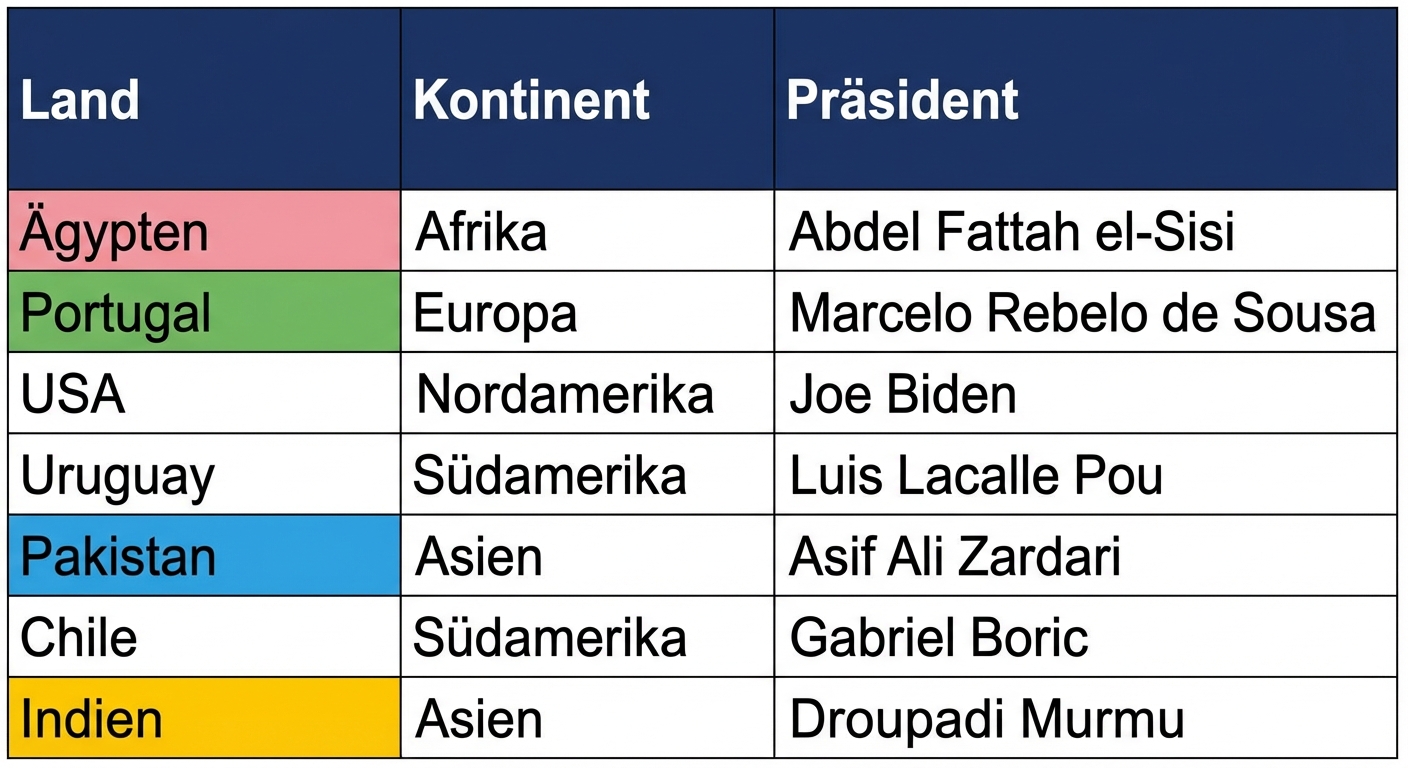 Die beiden Tabellen nebeneinander: „presidents“ und „prime_minister“. Übereinstimmende Spalten sind in den beiden Tabellen farbig markiert.